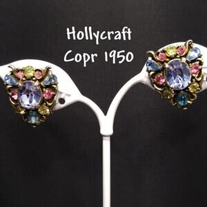 Hollycraft Pastel Rhinestone Earrings, Signed Copr 1950, Vintage Jewelry
